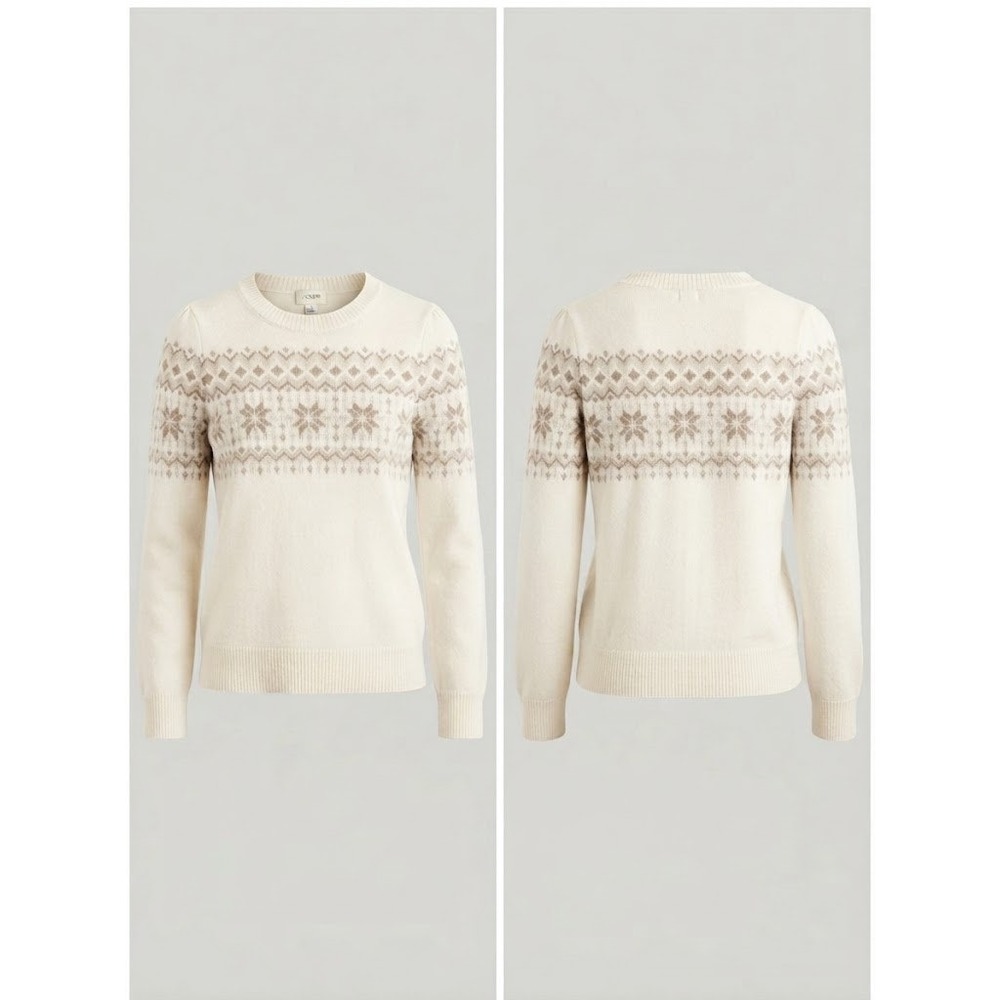 J.Crew Sweater Womens S Ivory Fair Isle Snowflake Cotton Crewneck Puff Shoulder